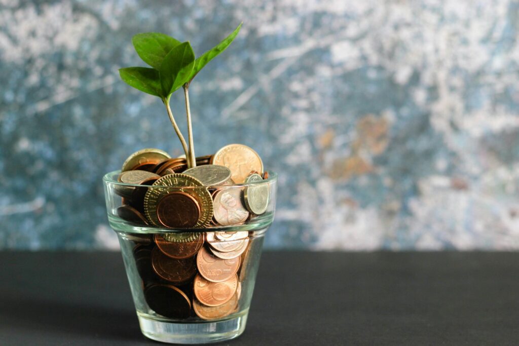 Small green plant growing out of a glass jar full of coins
